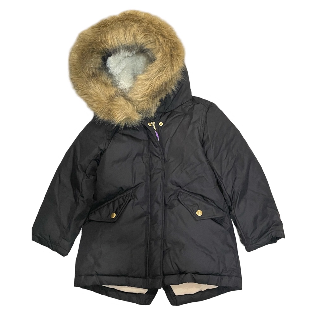 Euc Crewcuts Girls 4/5 Black Parka With Faux Fur Removable Hood